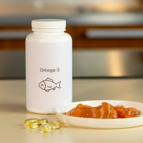 a bowl of fish next to a bottle of vitamins